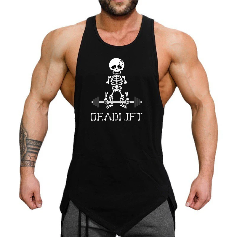 

Человеческий скелет становая тяга штанга тренажерный зал майки летние хлопковые дышащие рубашки без рукавов мужские спортивные жилеты для фитнеса, бодибилдинга