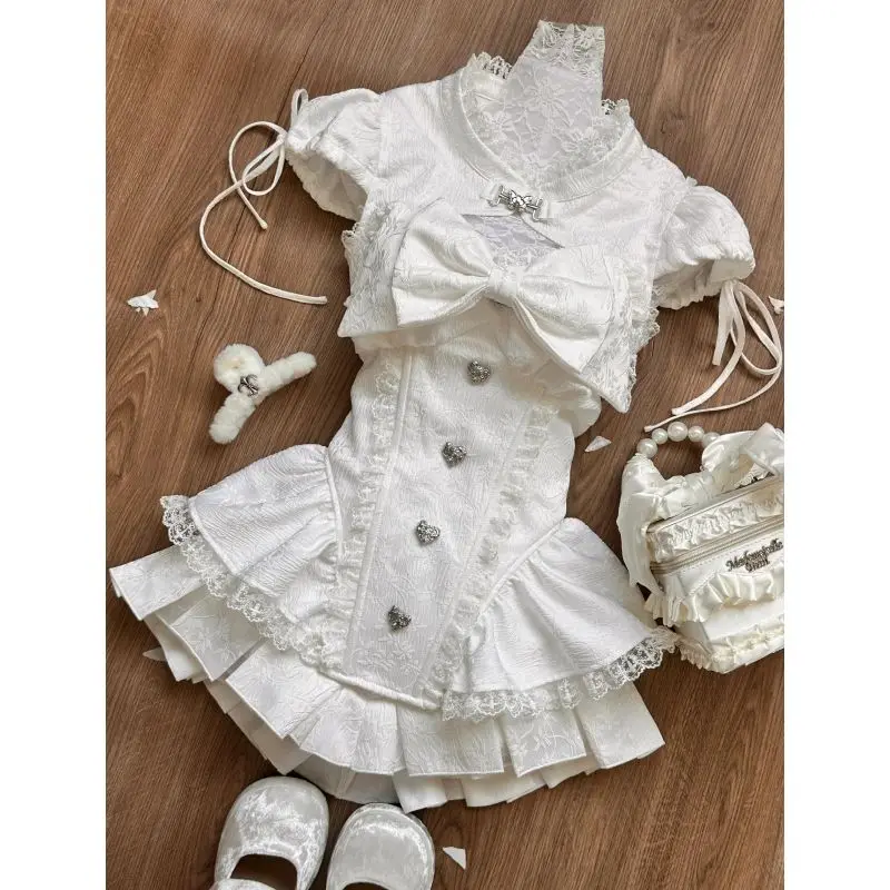 Heart Button Hollow Out Big Bow Bubble Short Sleeved Top Pleated Skirt Two Piece Sets Womens Outifits Crop Shirt Lolita Dress view 3