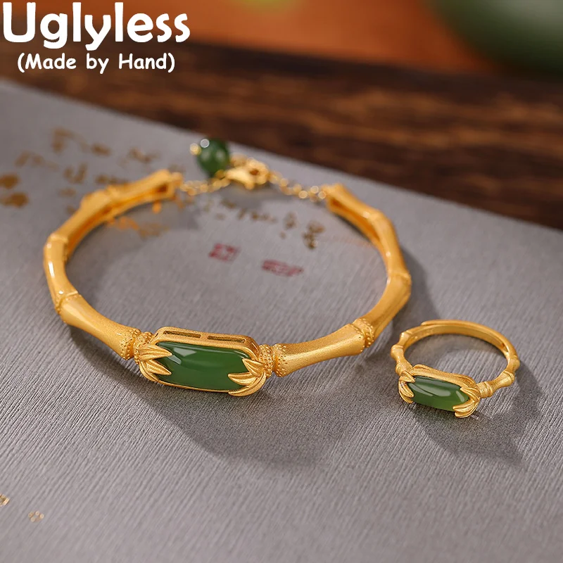 

Uglyless Vivid Bamboo Jewelry Sets for Women Natural Gemstones Agate Jasper Bangles Rings Elegant China Chic Bijoux 925 Silver