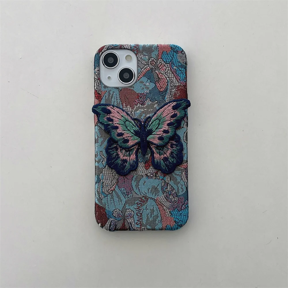 Fabric Butterfly Phone Case for Women Luxury Retro Cloth, Protective Cover Cute Cases for iPhone 15 14 13 12 Pro Max 11 Winter