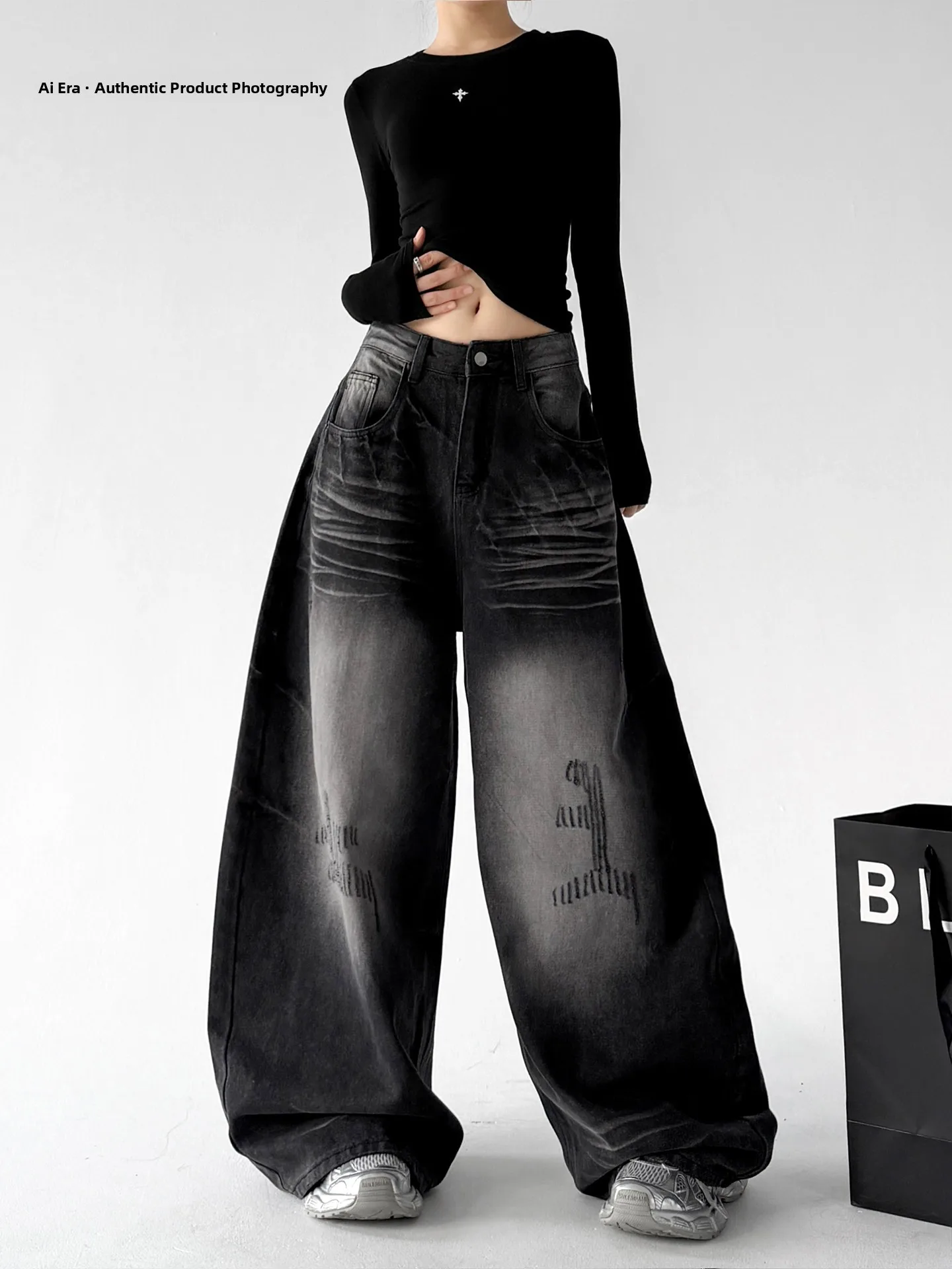 Trendy Wide Leg Denim Jeans Women's Loose Faded Black Student Long Pants Autumn 2026 New Style Comfortable Cotton Stretchy