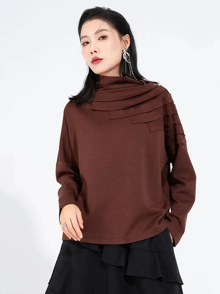 

Women Black Pleated Irregular Casual Big Size T-shirt New Turtleneck Long Sleeve Fashion Tide Spring Autumn