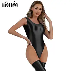 Womens Pool Party Swimsuit One Piece Swimwear Glossy Backless Yoga Bodysuit High Cut Leotard Sports Swim Costume Swimming Suit