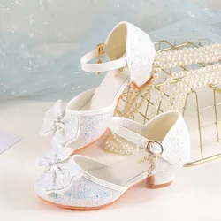 Girls Princess Shoes Shiny Children's High Heels White Show Leather Shoes New Summer Girls Bowtie Paillette Performance Sandals