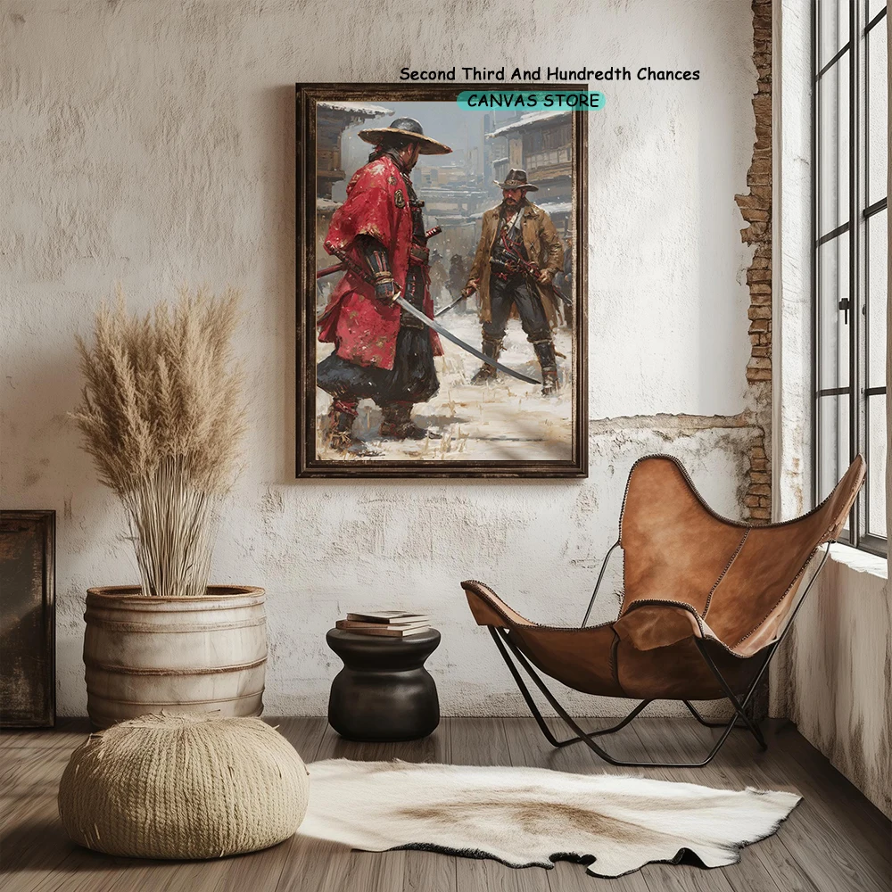 Vintage Western Cowboy Vs Samurai Painting Americana Japanese Wall Art Canvas Painting Cowboy Samurai Poster Wall Pictures Decor