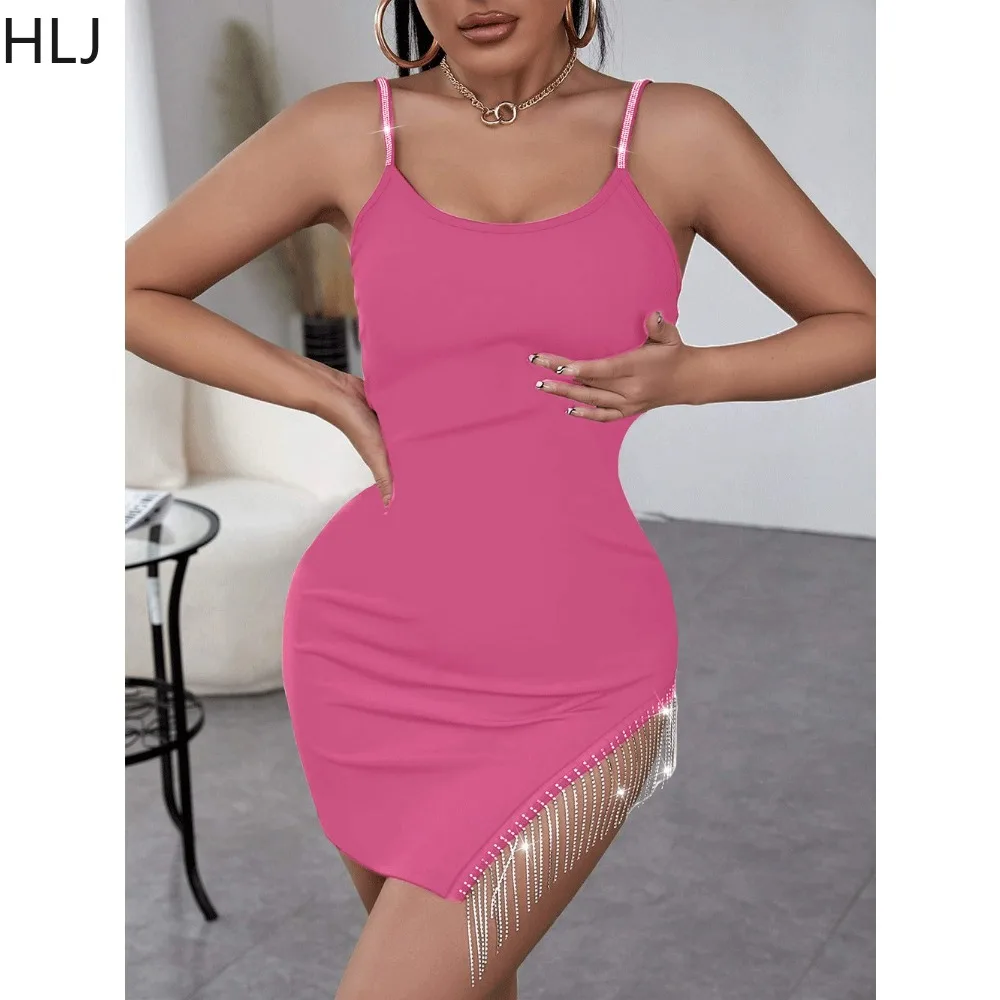 HLJ Sexy Luxury Rhinestone Bodycon Party Club Suspend Dress Women Thin Strap Sleeveless Diamond Tassel Dresses Fashion Vestidos