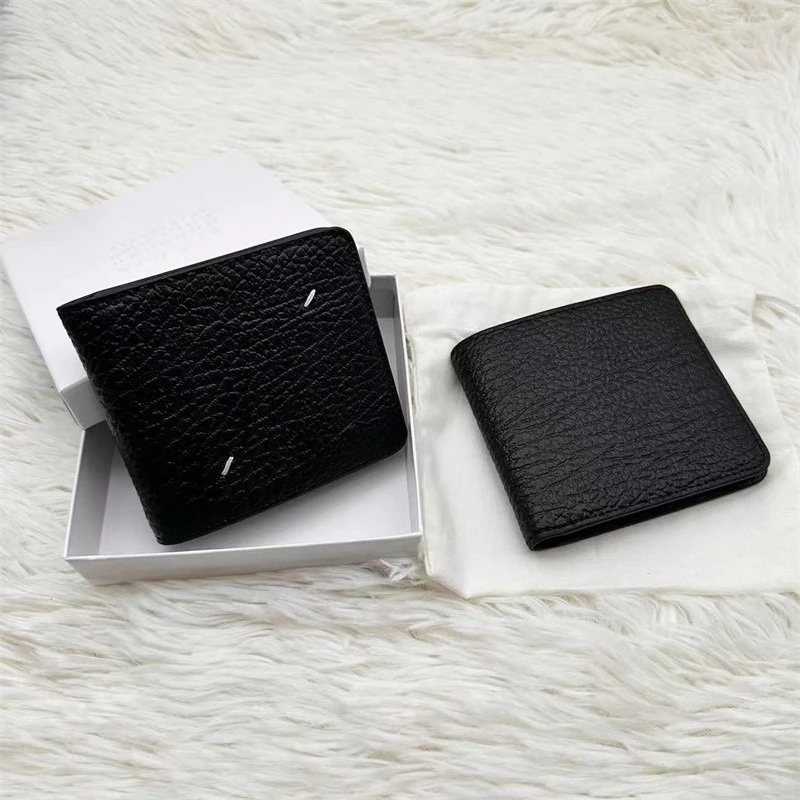 Classic Standard Black Cowhide Half Fold Wallet Card Bag Men's and Women's Fashion Minimalist Lychee Pattern Wallet