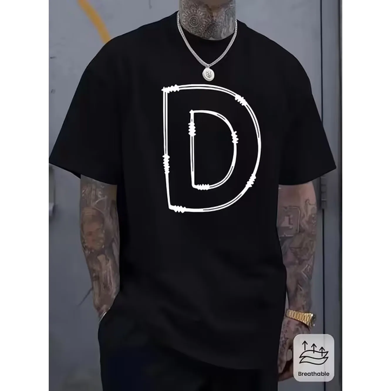 item picture 1 pc mens heavyweight 100 t shirt loose neck tee with graphic letter d barbed casual everyday shirt for men machine washable ideal gift for everyday special occasions versatile wardrobe staple