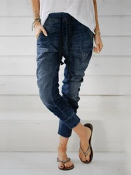 Jeans solto para mulheres, tamanho grande, elástico na cintura, feminino, confortável, casual, retração dos pés, calça lanterna, outono 2023