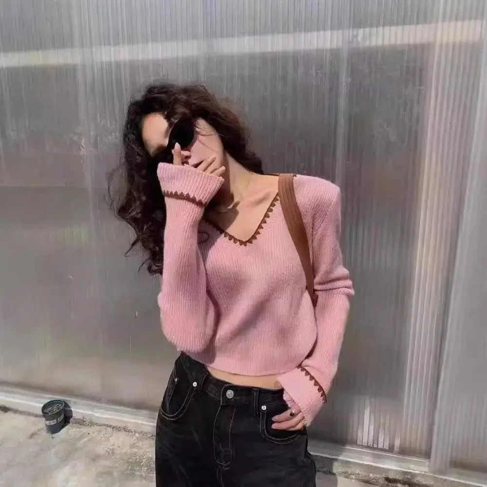 

Элегантный лоскутный цветной вязаный свитер во французском стиле с v-образным вырезом, женский осенне-зимний тонкий пуловер в стиле ретро, милый женский свитер