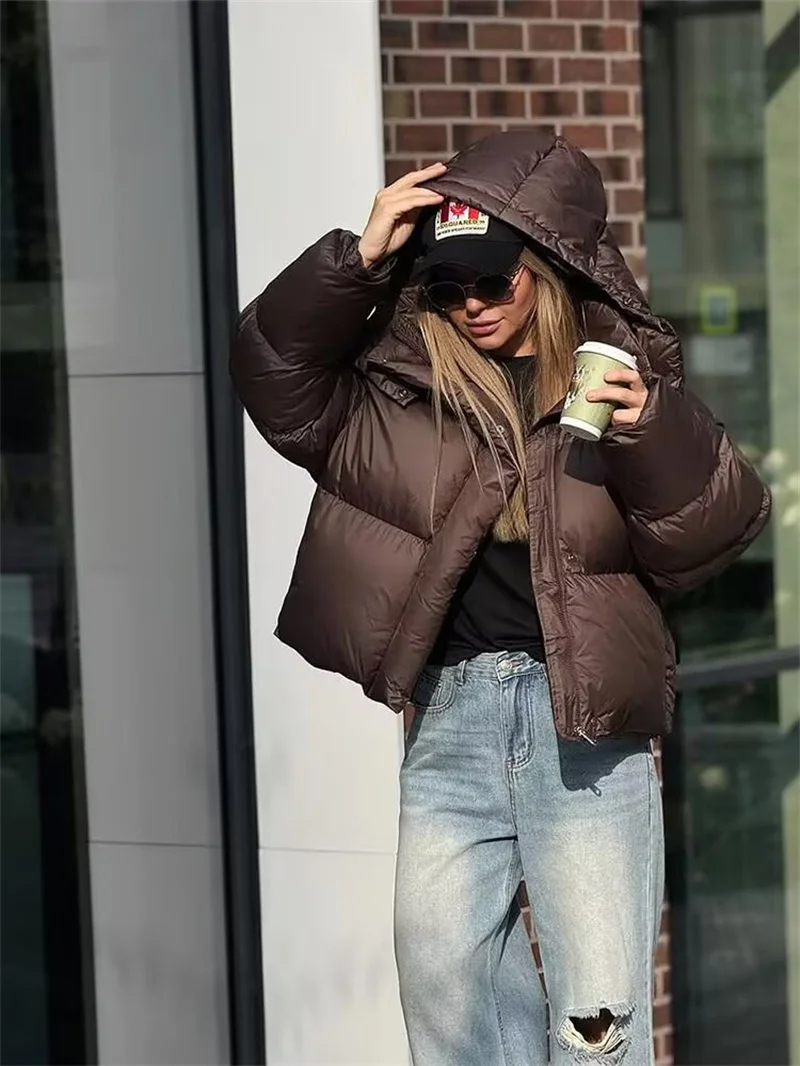 

2025 Winter Women Deep Brown Cotton Jacket Long Sleeve Loose Fit Hooded Stand Collar Warm Coat European American Style New
