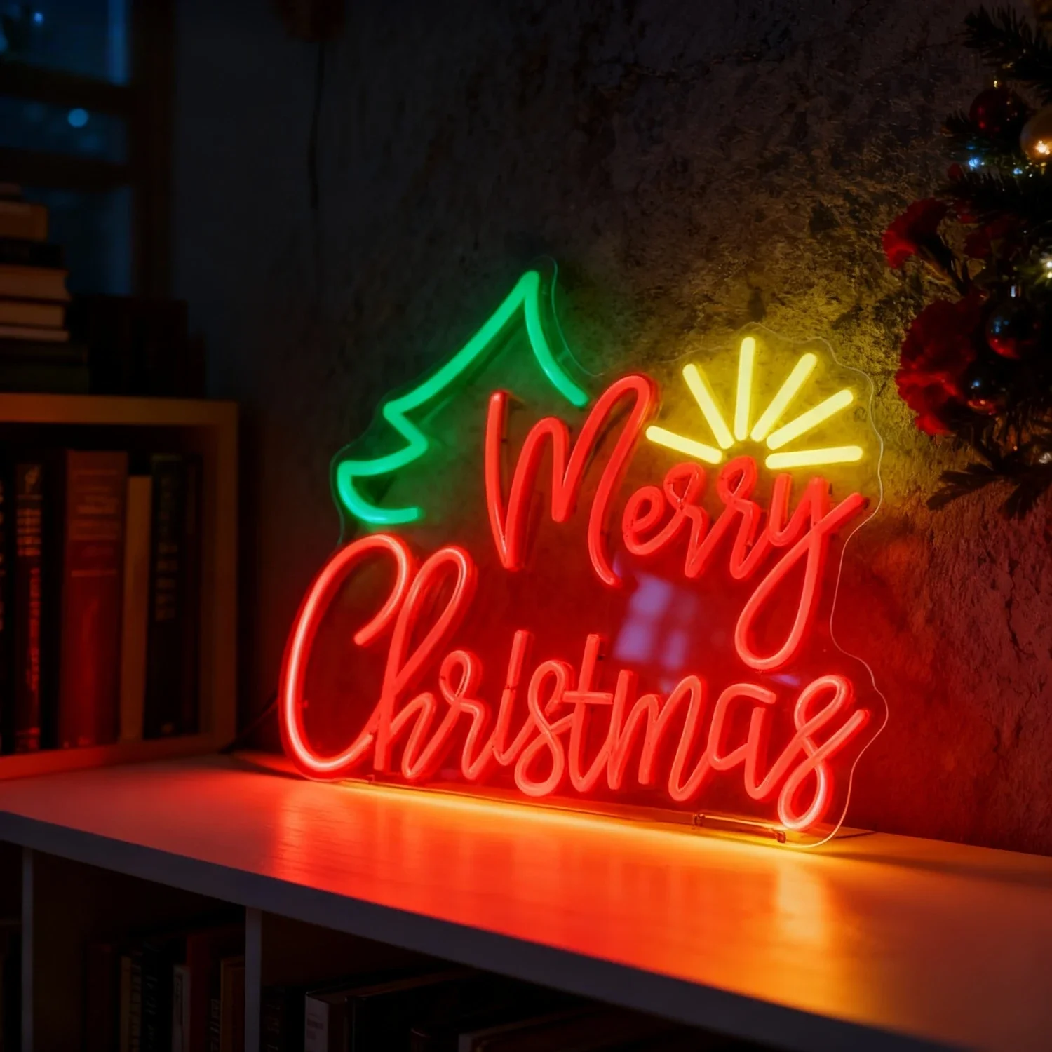 Merry Christmas Neon Sign Red Script Green Tree Yellow Star LED Wall Art Acrylic USB Dimmable Light for Xmas Holiday Bar Decor