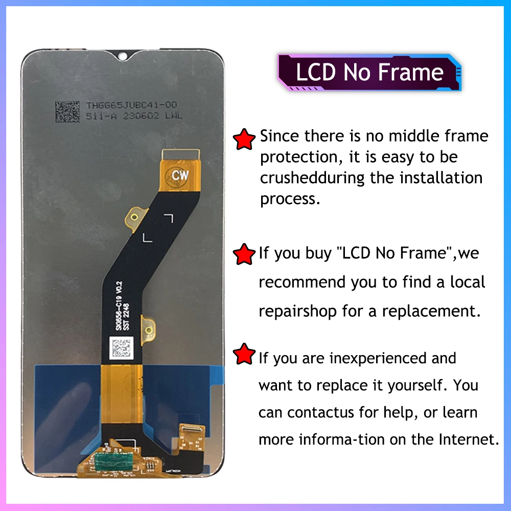 قطع غيار أصلية 6.6 بوصة لـ Tecno Pop 7 BF6 LCD تعمل باللمس وتجميع رقمي لأجزاء استبدال LCD Tecno POP7