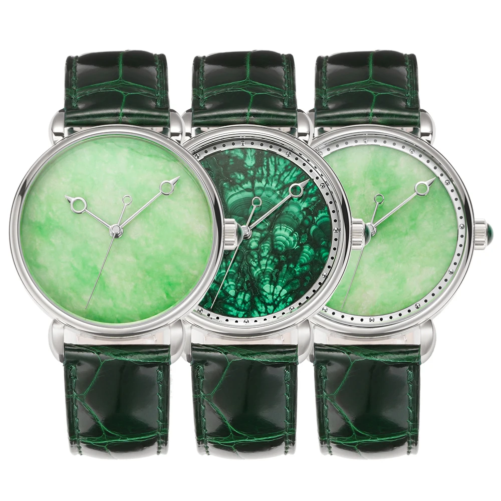 HUASUO 41mm Luxury Retro Jade Or Malachit Dial Mens Watches Gemstone Wristwatch Sapphire Crystal Automatic Movement ETA2892