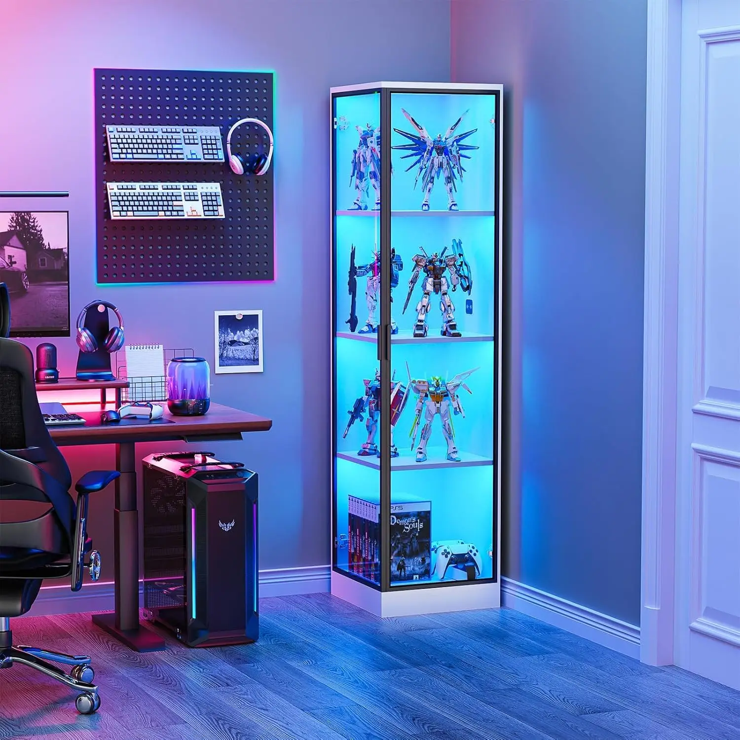 Vetrina a 4 livelli con luci a LED, custodia Curio bianca con sensore di movimento, larghezza 15,7'