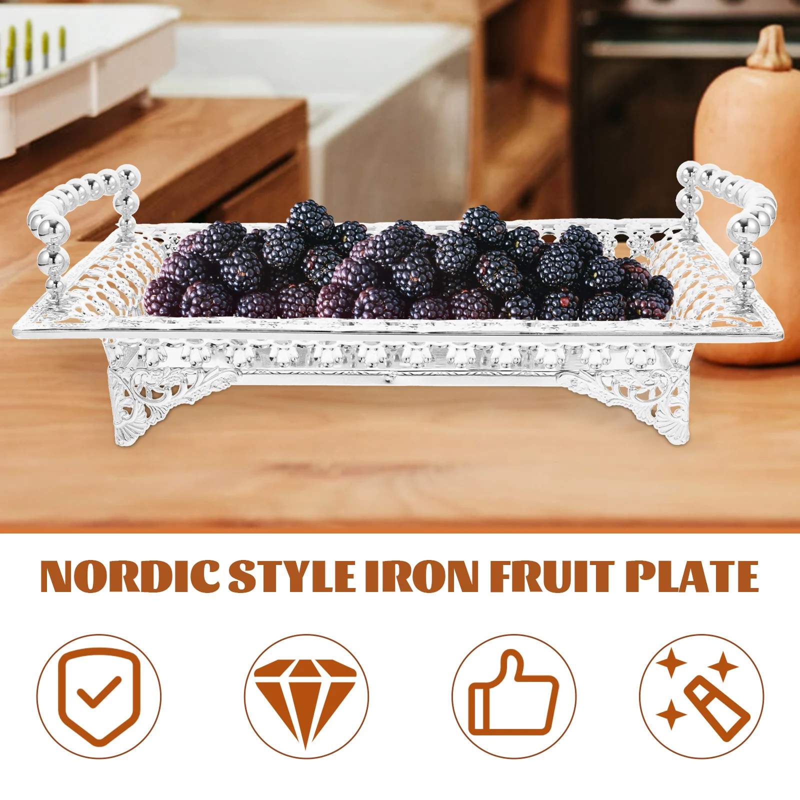 

Nordic Style Iron Fruit Plate Snack Tray Easy to Clean Compact Size Handle Design Home Hotel Gathering