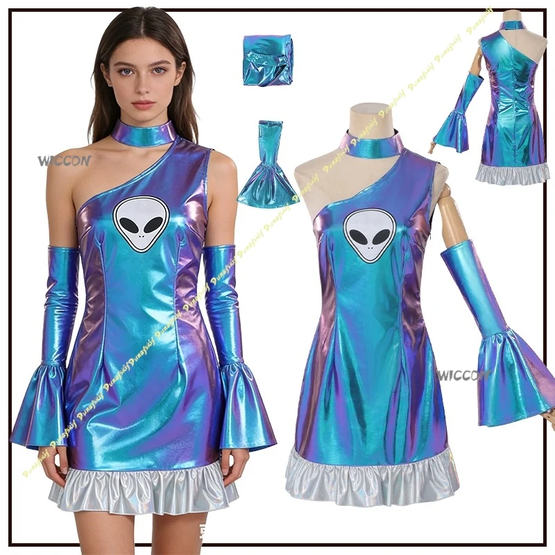 

Cosplay Costumes Girl Dress Future-themed Metallic Space Suit Halloween Robot Performance Outfit Silver Blue Purple Stage Skirt