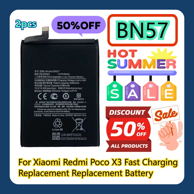 

For Xiaomi Redmi Poco X3 BN57 Fast Charging Replacement Replacement Battery 2pcs