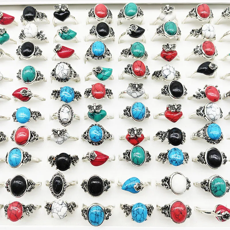 20 teile/los Großhandel Bunte Oval Naturstein Finger Ringe Für Frauen Böhmen Mix Stil Silber Farbe Hohl Legierung Metall Schmuck – Detail 16