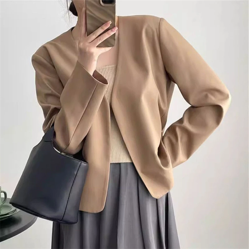 

Новые модные женские пиджаки, однотонные короткие пальто, весенне-осенние корейские пиджаки, кардиган с длинными рукавами и v-образным вырезом, пальто без планки