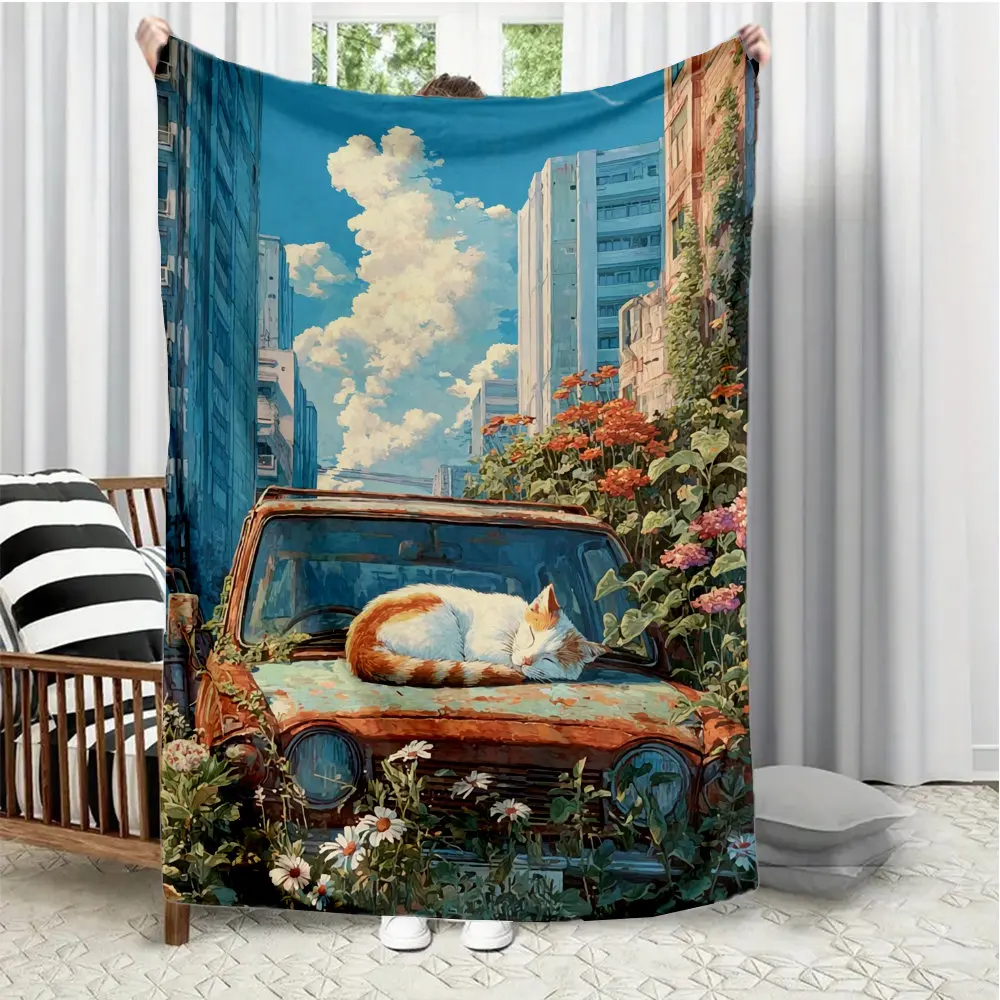 cat is sleeping in the old car Flannel printed blanket suitable for all seasons suitable for living room office sofa and travel