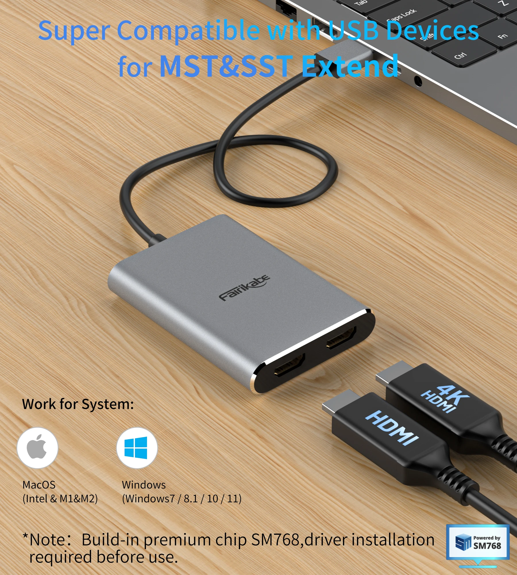 Fairikabe USB 3.0 To Dual HDMI Docking Station 4K 30Hz USB To 2*HDMI Hub For Monitors TV Support Windows/Mac OS MST Mode