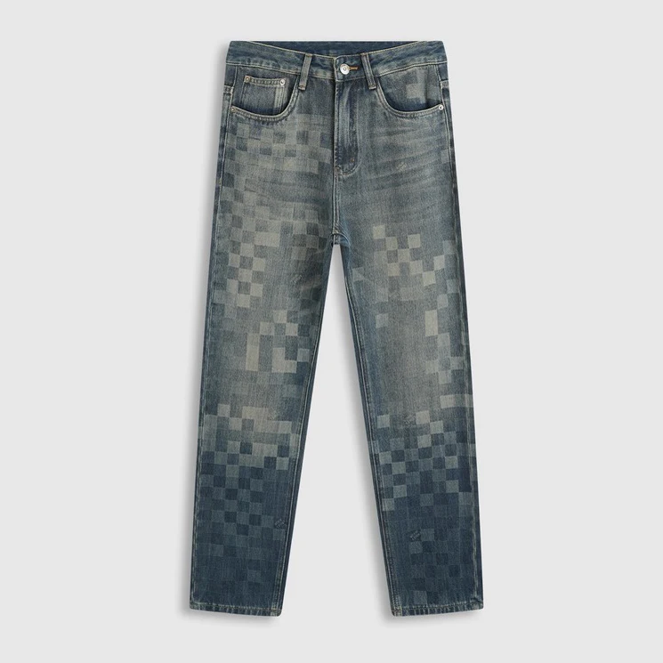 

Retro Plaid Washed Wide Leg Straight Cut Men's Jeans Autumn 2024 New Style Casual Loose Luxury Long Trousers Trendy