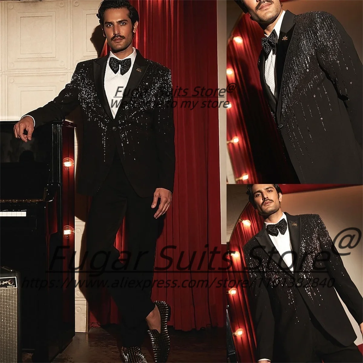 Luxury Black Shiny Men Suit Customized Slim Fit Single Breasted Wedding Groom Tuxedos Peak Lapel Male Party Blazers 2 Pcs Sets