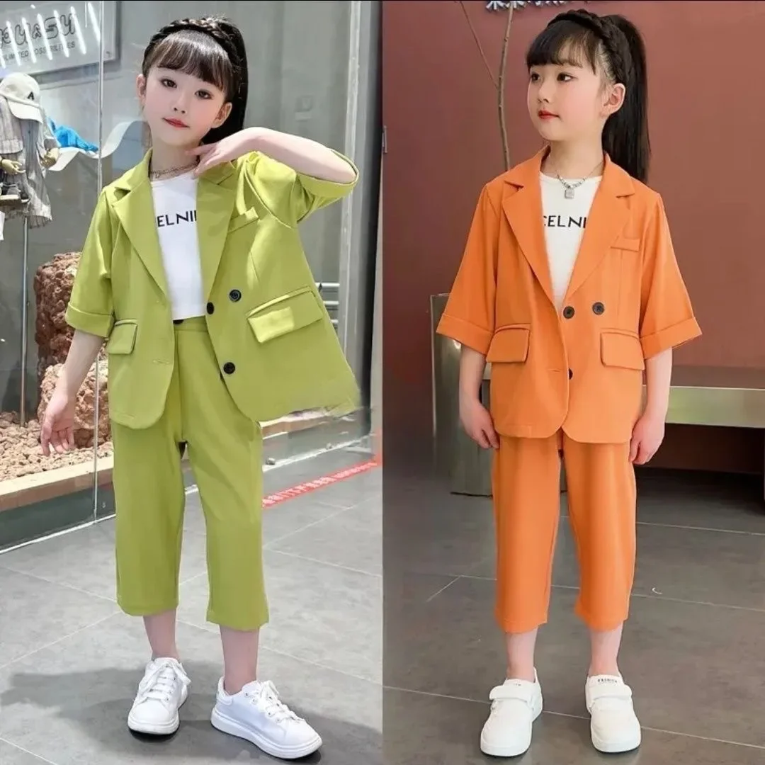 Abito per bambini Pantaloni blazer sottili estivi 2 pezzi Set di abbigliamento elegante per ragazze giovani Gruppi alla moda Abiti 12 13 14 anni