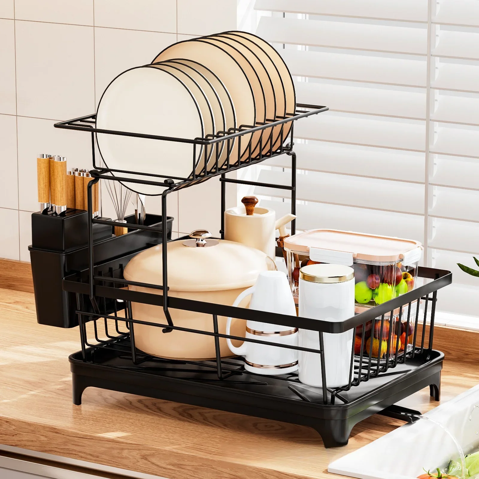 

Multifunctional Steel Dish Drying Rack 2 Tier Large Dish Drainer Rack for Kitchen Counter Rustproof Space Saving