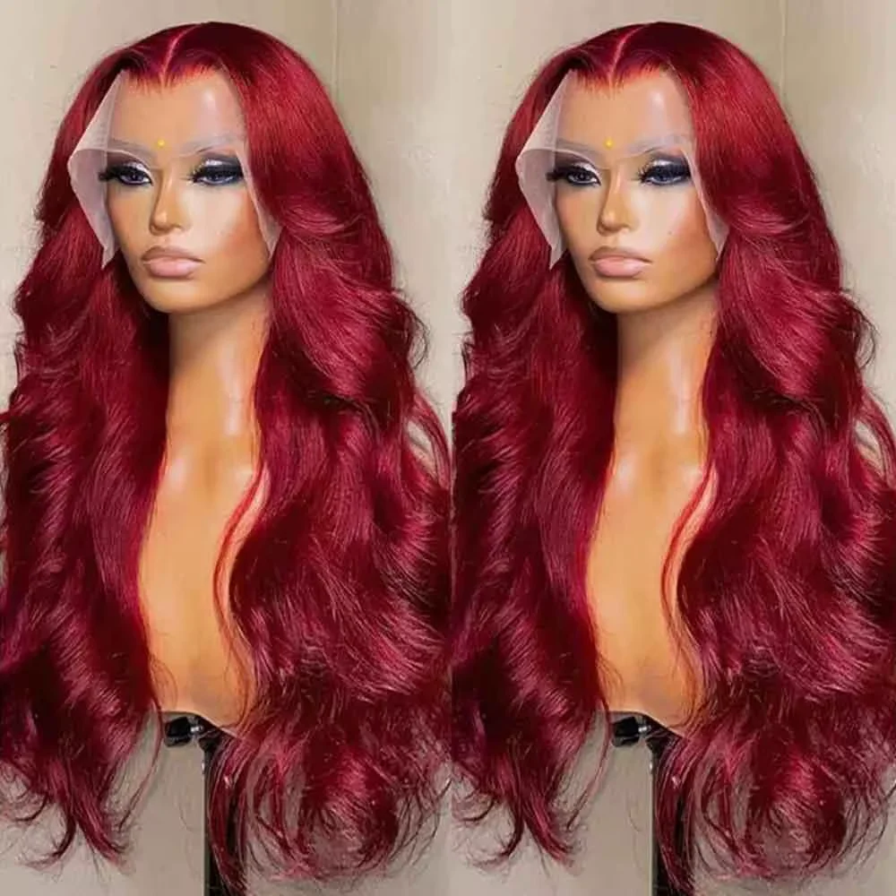 

250% объемная волна 100% настоящие человеческие волосы Парики Цветной красный парик фронта шнурка 99j Бордовый 13x6 HD Парик фронтальной части шнурка человеческих волос Предварительно выщипанный