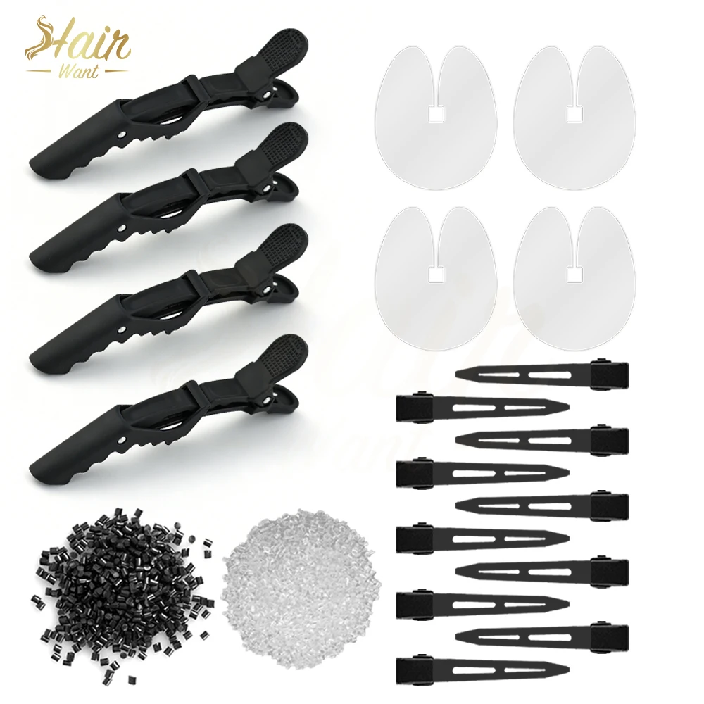 

Hair Want K Tip Hair Tools 40g Keratin Beads 4Pcs Acrylic Heat Shield for Keratin Extensions 4Pcs Matte Black Alligator Clips