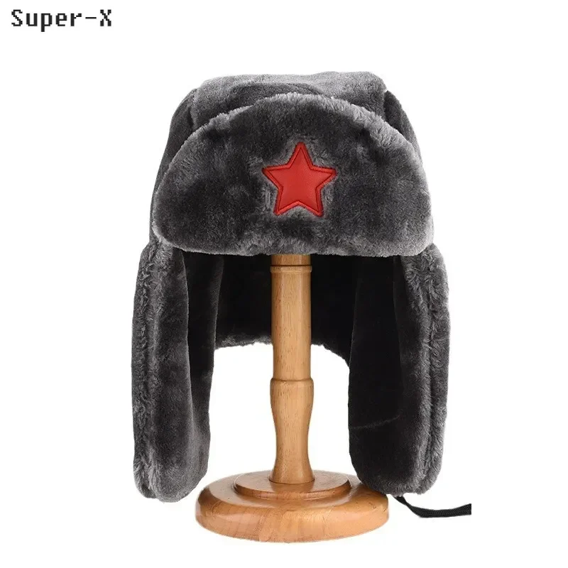 Thickened Plush Faux Fur Winter Hats with Earflaps Black Grey Russian Hat with Five-pointed Star Winter Skiing Cap for Men Male