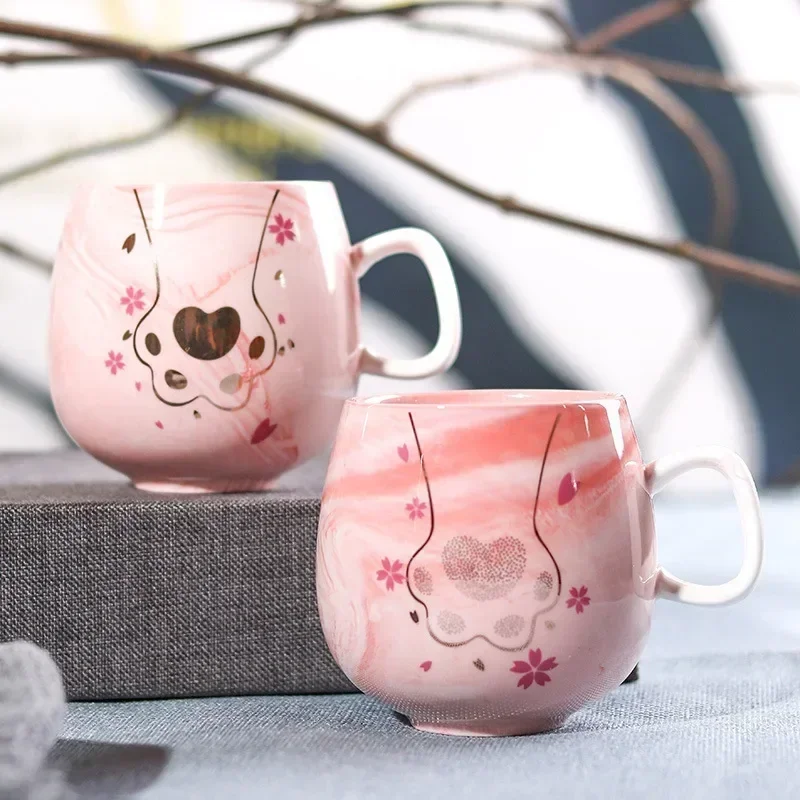 Hot Sale Ins 72*85mm 350ml Pink Grey Flamingo  Cute Cat Foot Ceramic Mug Travel Coffee Cup