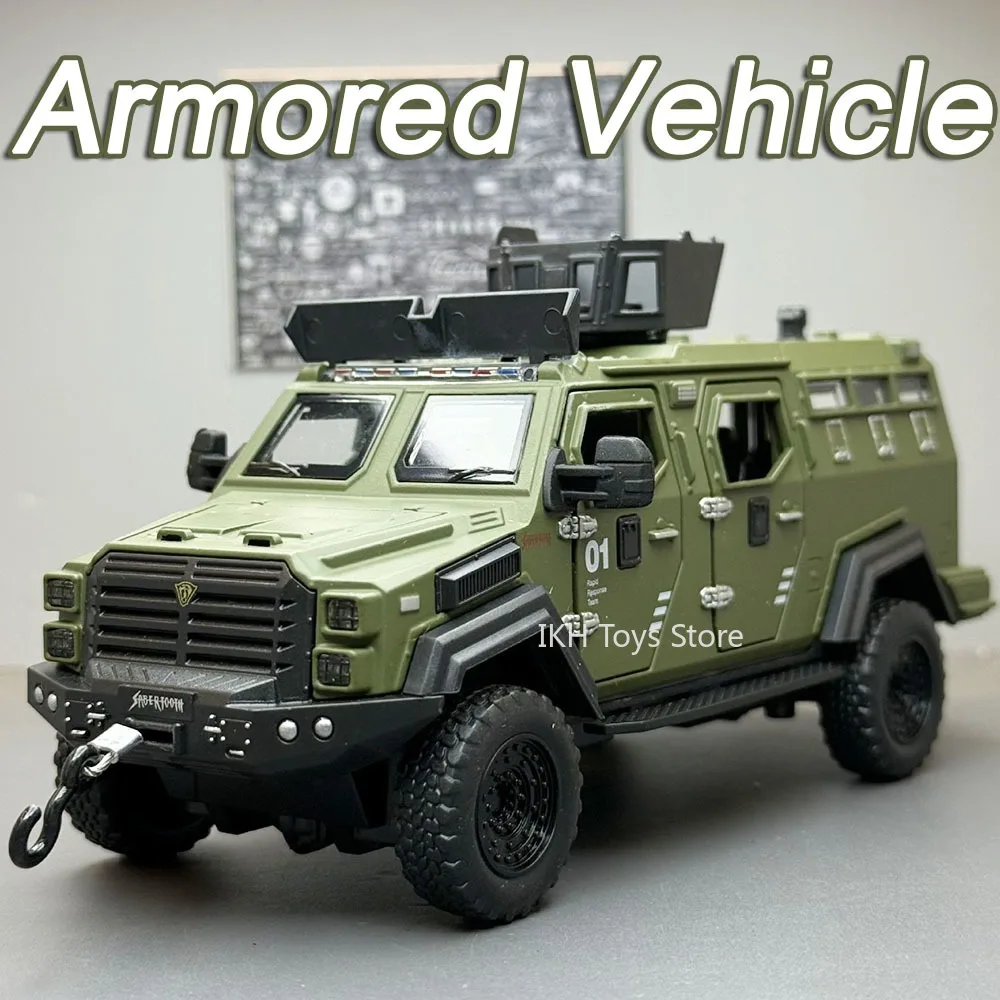 

1:32 Sword Toothed Tiger Armored Cars Metal Diecast Miniature Off-road Vehicles Sound Light Doors Opened Pull Back for Kid Gifts