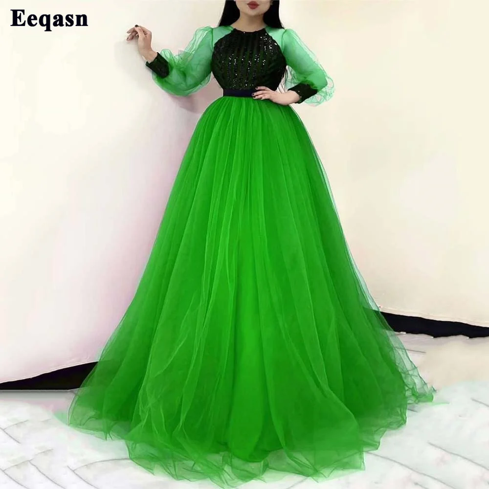 

Eeqasn Green Tulle Black Sequines Prom Dresses Long Sleeves Scoop Women Formal Party Dress Floor Length Bridesmaid Party Gowns