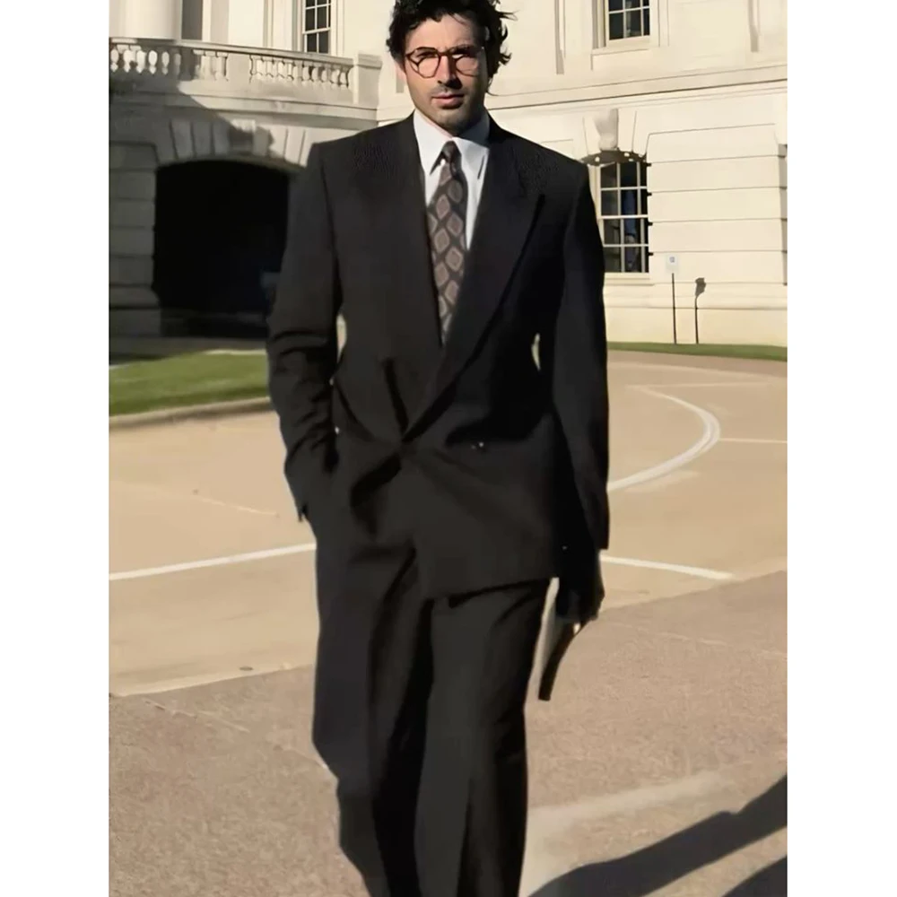 

Elgant Men's Black Double-Breasted Casual Suit 2 Piece Set Peak Lapel Oversized Style Office Party Male Outfit(Jacket+Pant)