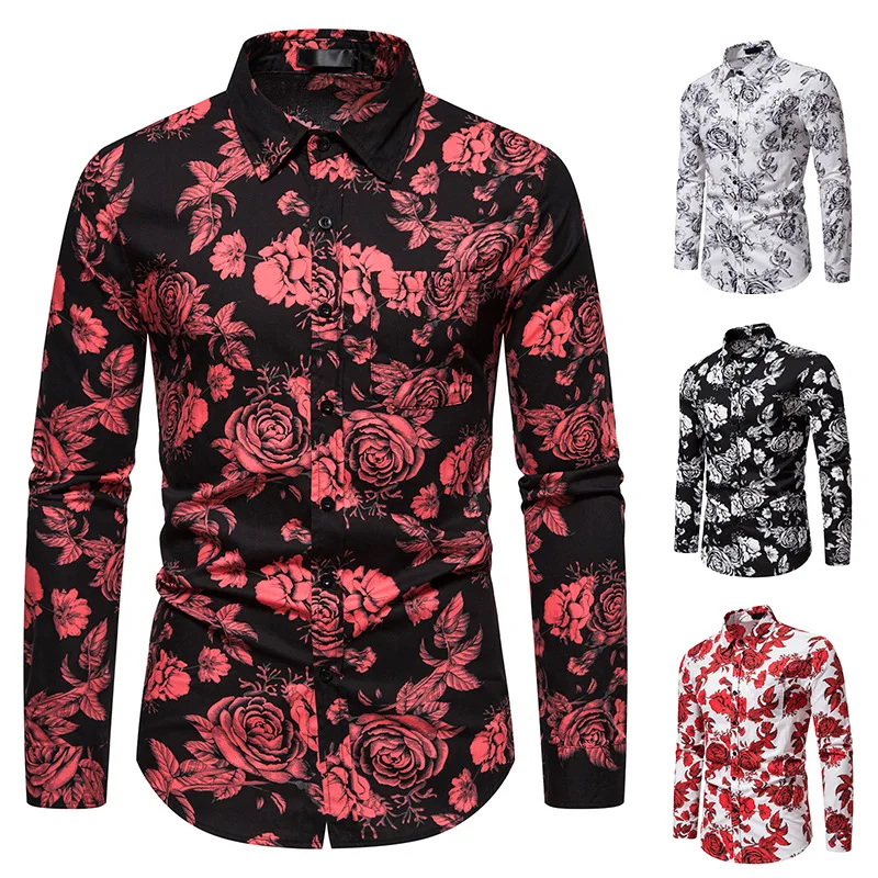 Rose Printed Shirts for Men 2023 Long Sleeve Button Down Floral Dress Shirt Male Party Dance Vacation Beach Casual Camisa Hombre