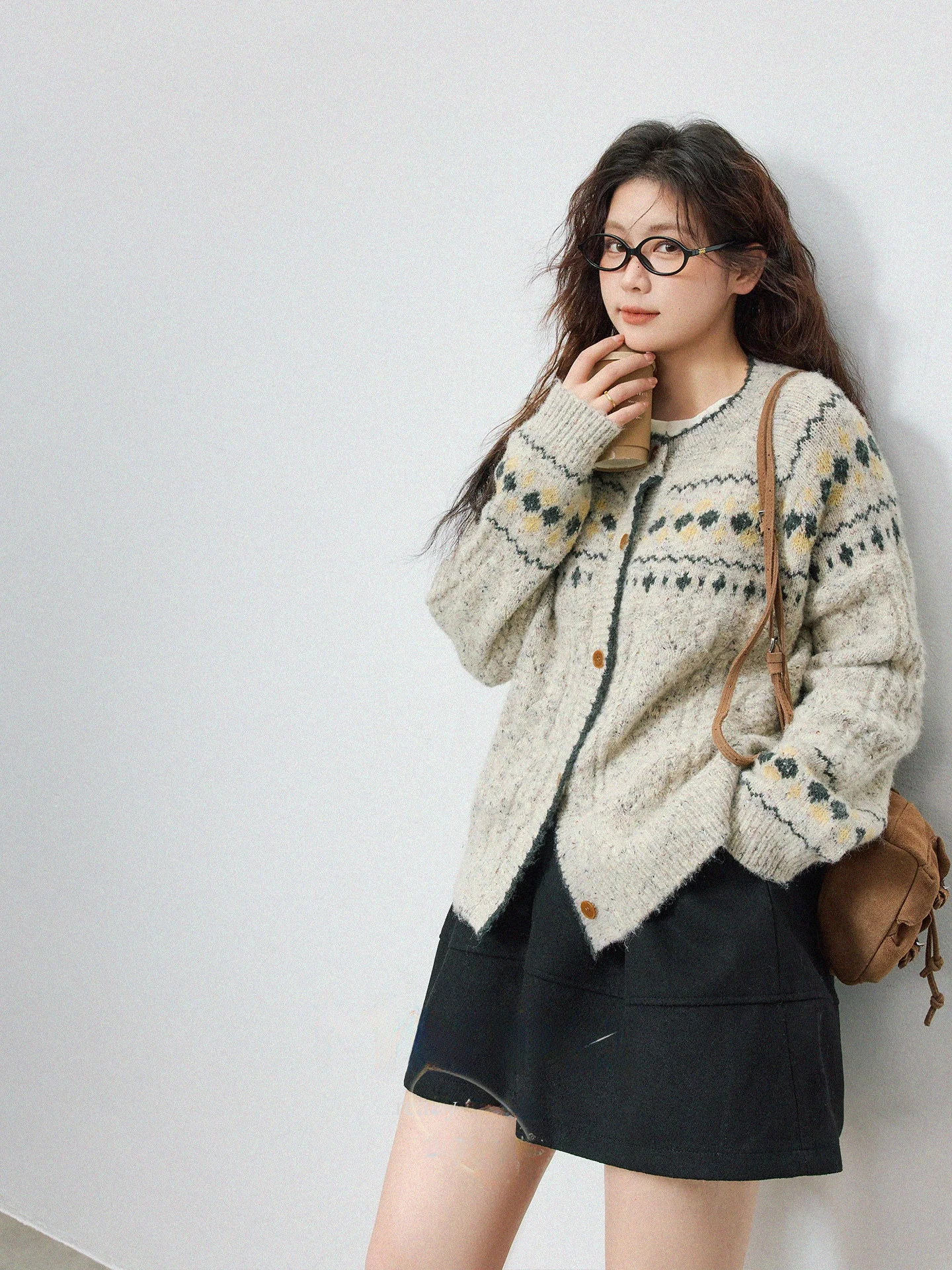 

Женский кардиган больших размеров с узором Fair Isle, повседневный зимний модный ретро-топ в стиле Lazy, с круглым вырезом, длинными рукавами, из хлопка