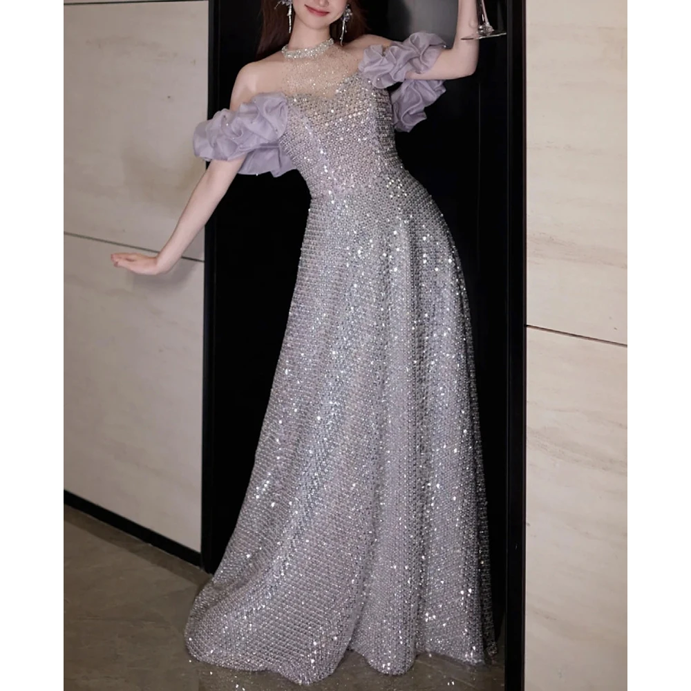 Purple Sparkly Sequin Off Shoulder Evening Dresses Crystal Formal Dress For Women Elegant Wedding Party Birthday Prom Ball Gown