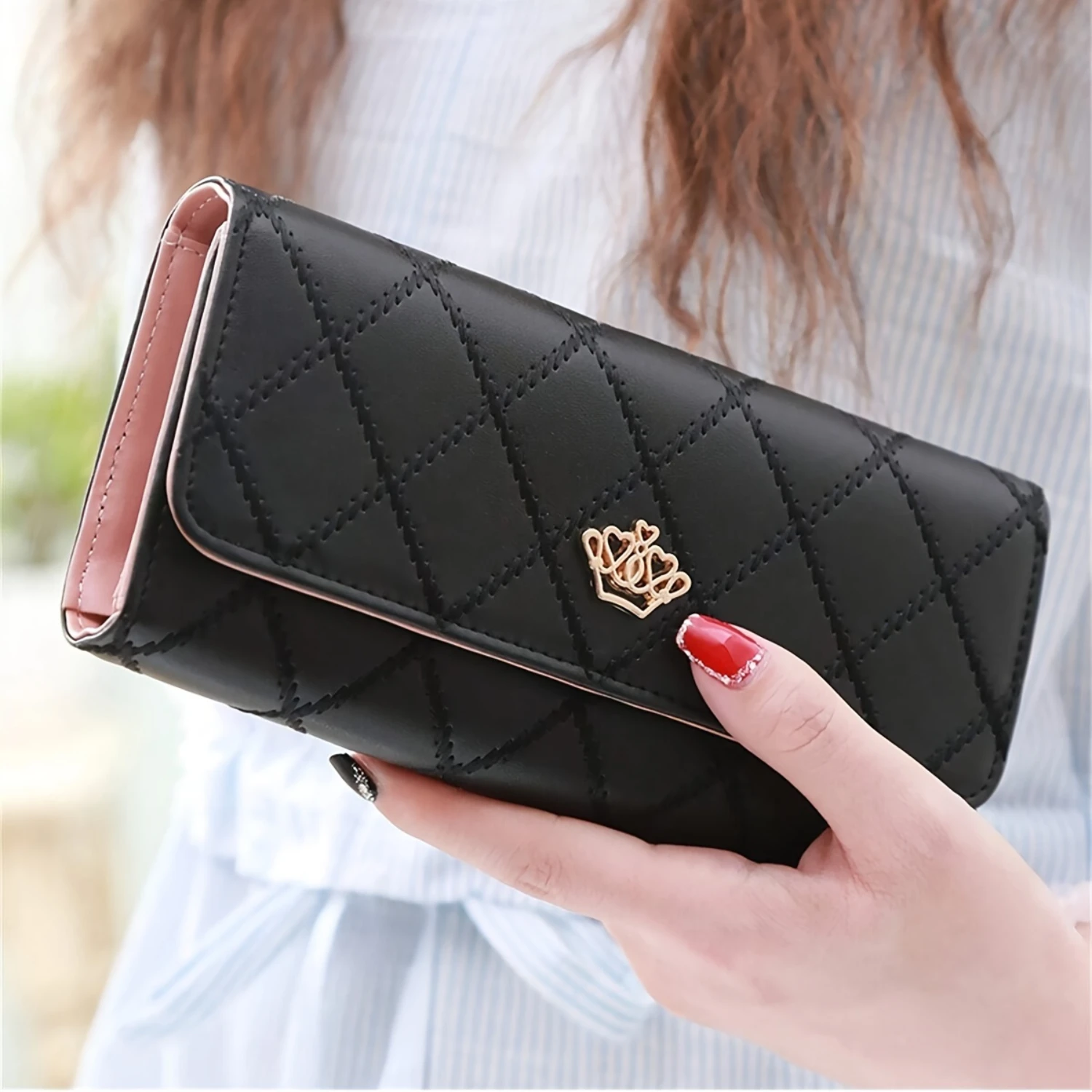 Crown-Accent Ladies Wallet - Durable PU Leather, Multi-Purpose Phone and Coin Clutch with Secure Flap Closure - Everyday Eleganc