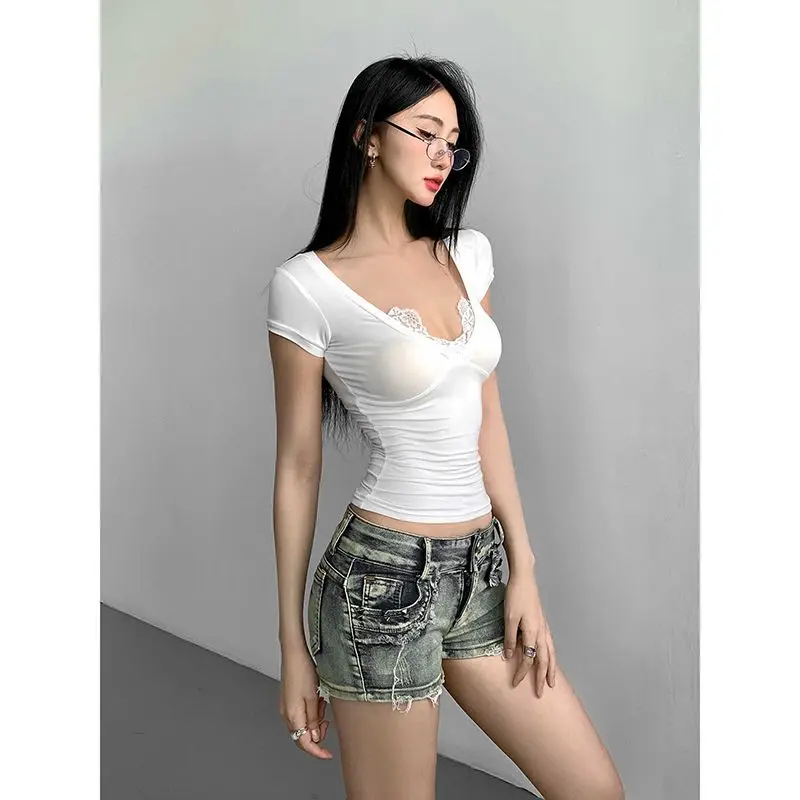 Y2k Clothes 2000s Elegant Off-Shoulder Lace Patchwork Kawaii Tees Girly Short-Sleeve T-Shirt for Women Summer Slim Top Trendy