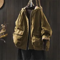 Johnature Women Vintage Hooded Parkas Solid Color Zipper Coats Winter Patchwork Pockets