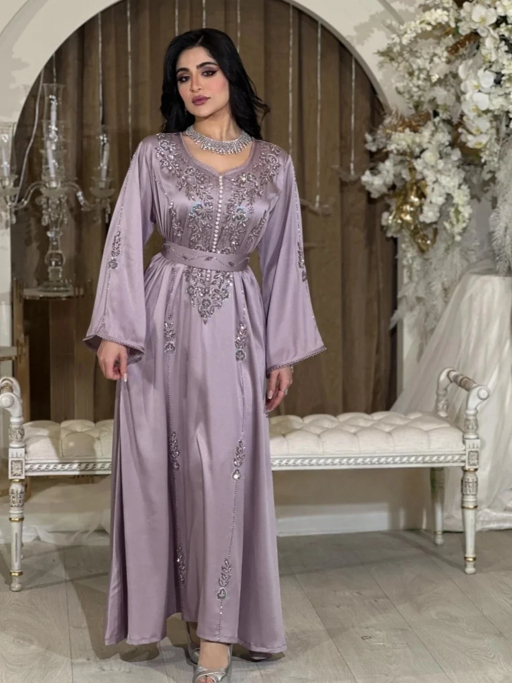 Marokański Kaftan Kaftany Muzułmańskie Sukienki Wieczorowe Linia A Długi Rękaw Aplikacje Z Koralikami Dubaj Arabski Abaja Islamska Suknia Szyta na Miarę