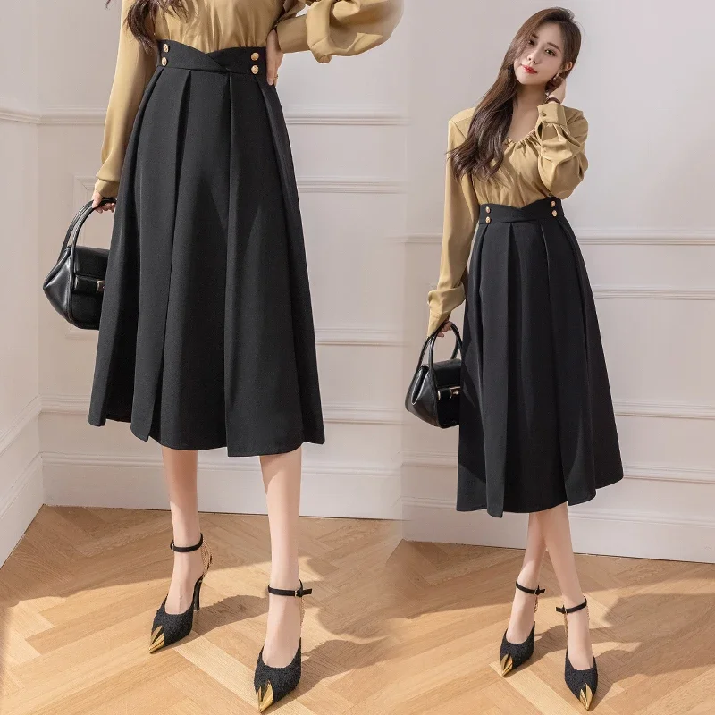 

Ladies Elegant Fashion Large Hem Pleated Long Black Skirt Women Clothes Girls Korean Skirts Chic Casual Faldas Largas BPAK9115