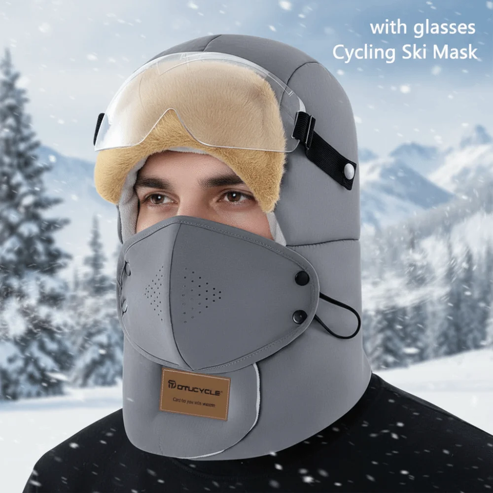 

Simple With Glasses Winter Mask Hat Windproof Removable Mask Riding Plush Hat Earflap Neck Protector Warm Ski Hat Winter