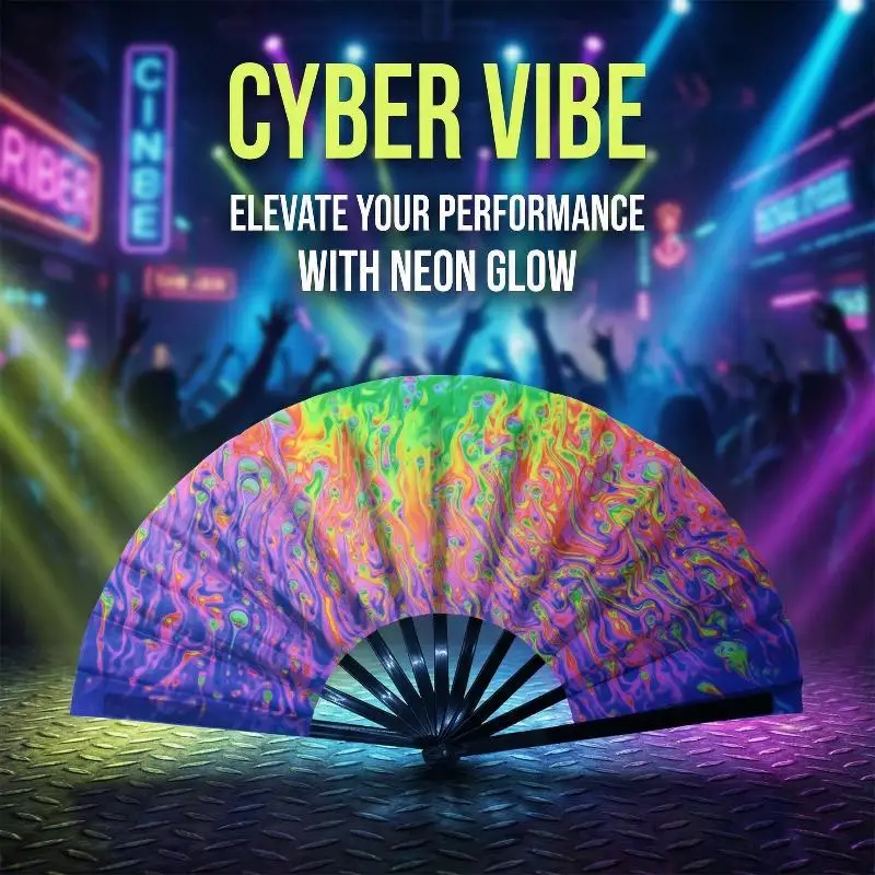 Glow in The Dark Folding Fan Rainbow Bright Starry Sky Design for Festival Dancing Night Party Accessory
