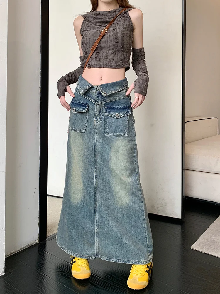 

OHRYIYIE Large Size 5XL Long Maxi Vintage Denim Skirt Women 2023 Fashion Floor-Length High Waist Jean Skirt Female Washed Skirt