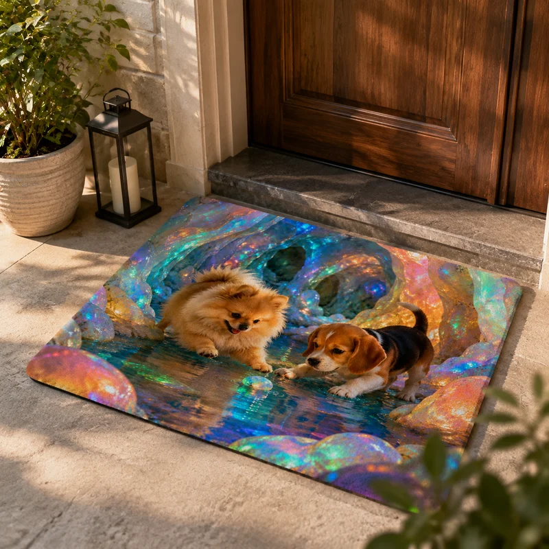 VIKAMA Colorful Crystal Cave Pomeranian Water Playing Visual Home Door Mat Wear resistant Machine Washable Floor Mat