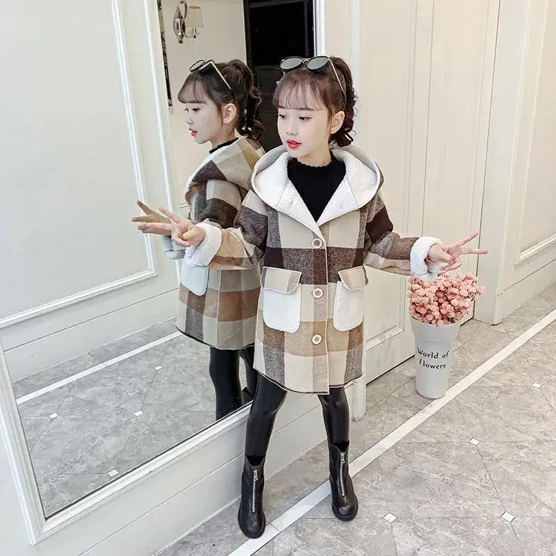 Fashion Girls clothing Jackets Autumn Winter parka Clothes Medium Long coat windbreaker Plaid Thicken Lamb Children Woolen Coats